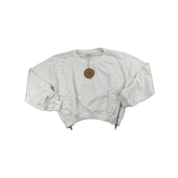 Honey Punch - Distressed Crop Sweatshirt with Zip Sides in Off White - Picture 1 of 6